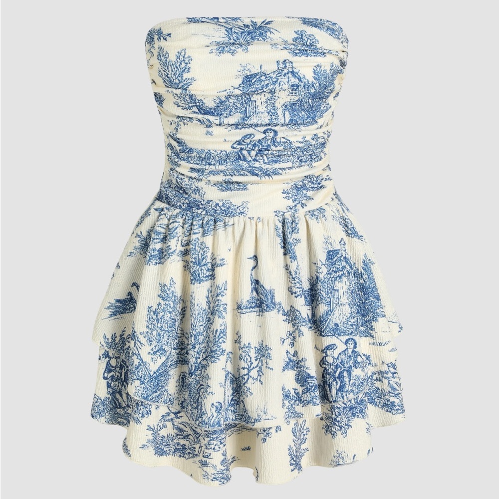 Blue and White toile de jouy Strapless Dress